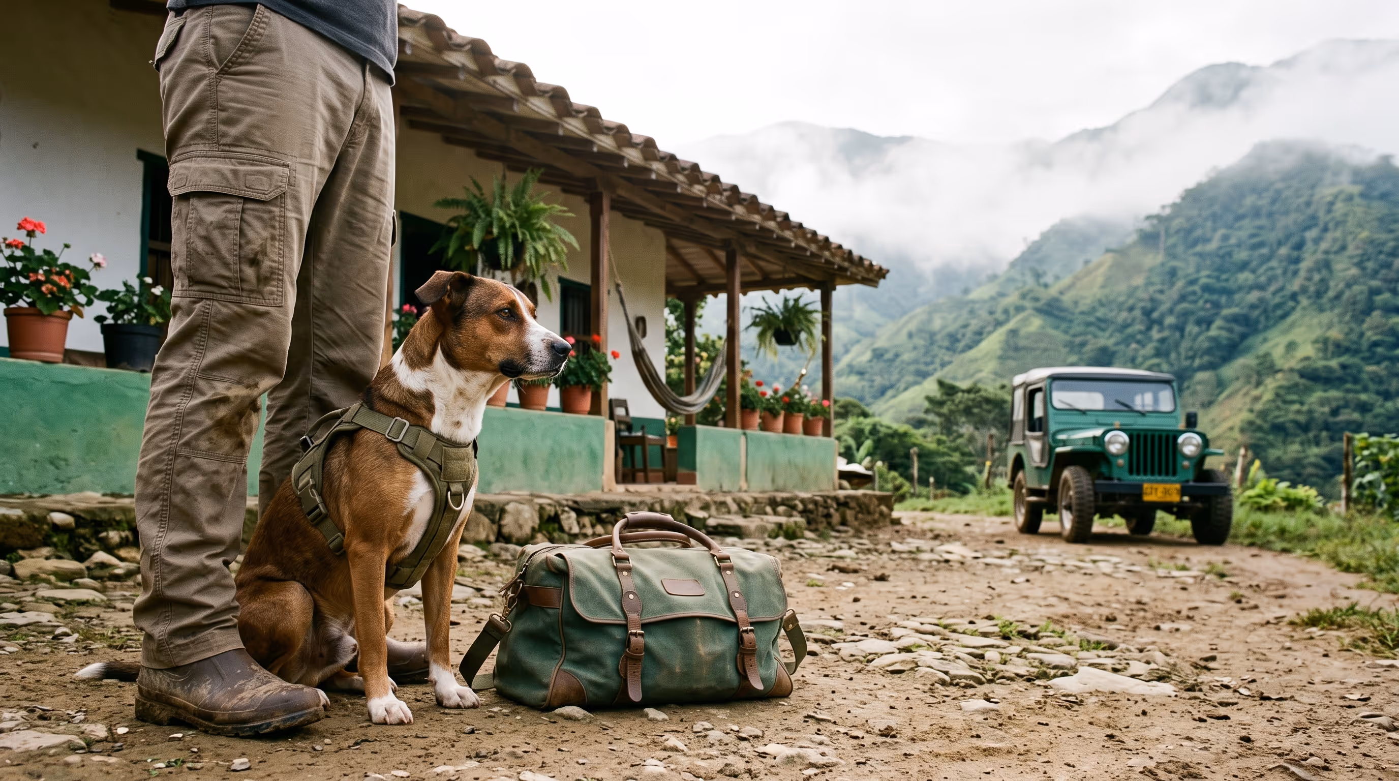 Perro de apoyo emocional con arnés junto a su maleta, listo para viajar