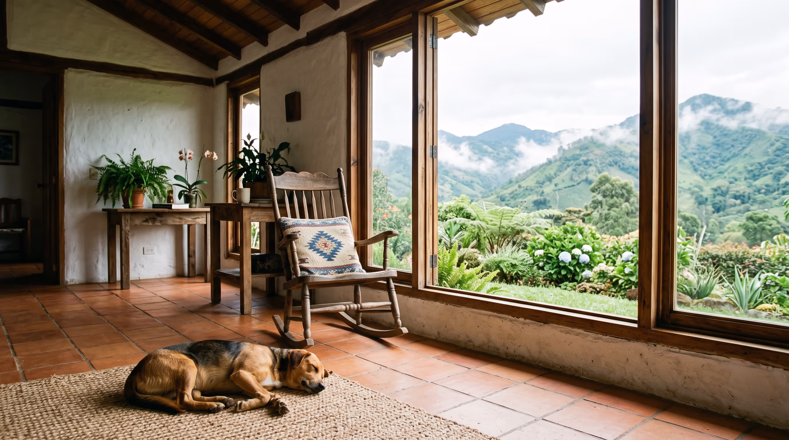 Perro dormido en la sala de una casa en un conjunto campestre, con vista a las montañas